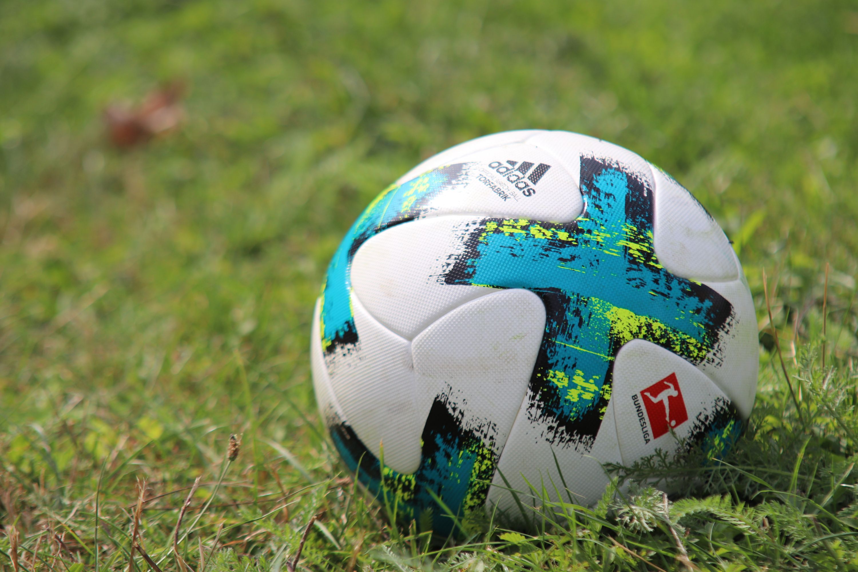 Ein Fußball mit einem bunten Design liegt auf grünem Gras.