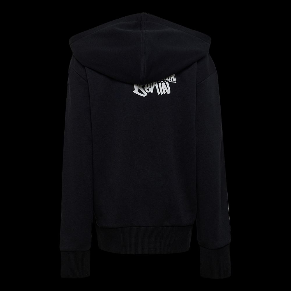 Schwarze Hoodie mit Kapuze und weißem Schriftzug auf der Rückseite.