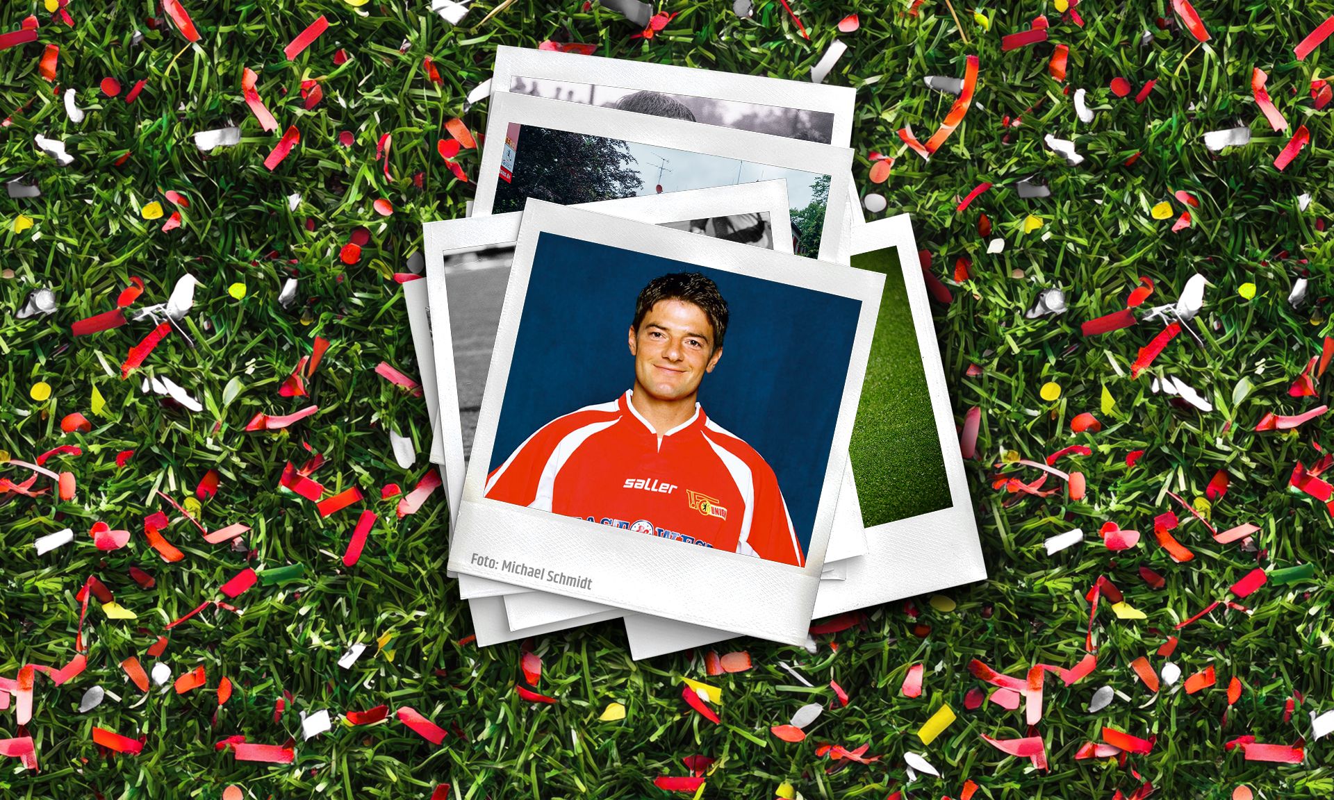 Eine Sammlung von Polaroid-Fotos auf grünem Rasen mit farbigem Konfetti, darunter ein Bild eines lächelnden Mannes in einem roten Fußballtrikot.
