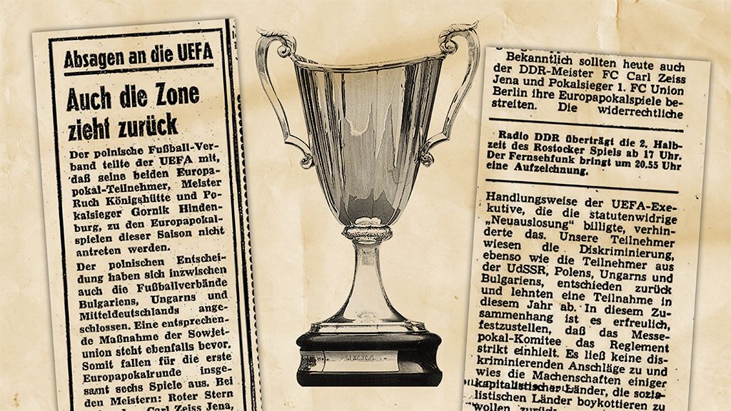 An old newspaper page with articles about UEFA and a trophy depicted in the center.