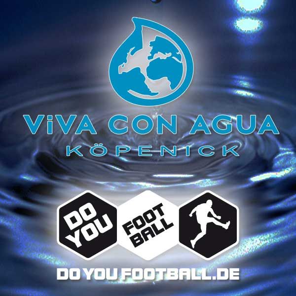 Logo von Viva con Agua Köpenick mit Wassertropfen und globusförmiger Weltkugel, darunter die Schriftzüge "Do You Football".