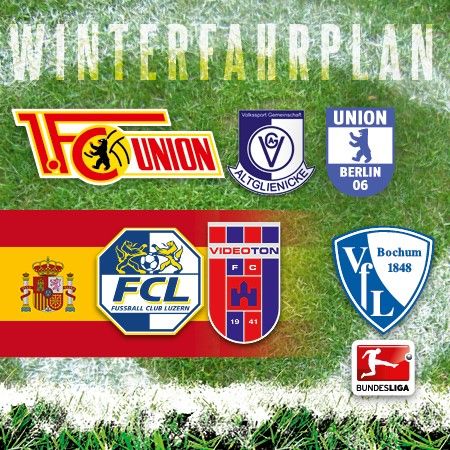 Winterfahrplan mit Logos von 1. FC Union Berlin, VfL Bochum, FC Luzern, Videoton und weiteren, auf einem grünen Rasenhintergrund.