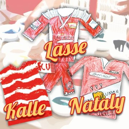 Drei handgezeichnete Fußballtrikots in rot und weiß mit den Namen Kalle, Lasse und Nataly.