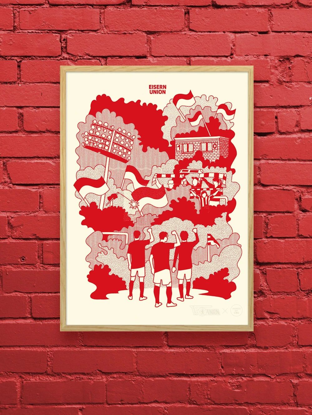 Illustration in Rot und Weiß, zeigt Fans in Fußballtrikots vor einer Stadionkulisse mit Flaggen und erleuchteten Flutlichtmasten.