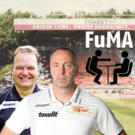 Bildcollage mit zwei Männern vor einem Stadion und dem Text „FuMA Fan- und Mitgliederabteilung“.