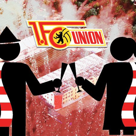 Logo von 1. FC Union Berlin, umrahmt von stilisierten Figuren, die mit Gläsern anstoßen, vor einer rauchigen Stadionkulisse.