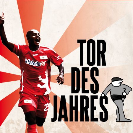 Spieler feiert ein Tor mit der Aufschrift "Tor des Jahres" und grafischen Elementen im Hintergrund.