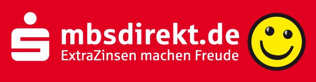 Logo von mbsdirekt.de mit dem Slogan „ExtraZinsen machen Freude“ und einem lächelnden Smiley auf rotem Hintergrund.