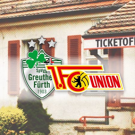 Logo der SpVgg Greuther Fürth und des 1. FC Union Berlin vor einem Ticketbüro.