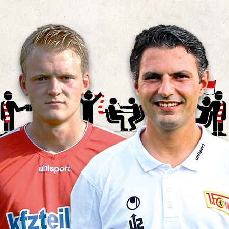 Zwei Männer stehen nebeneinander, einer in einem roten Sporttrikot, der andere in einem weißen Poloshirt, vor einer grafischen Hintergrunddarstellung.