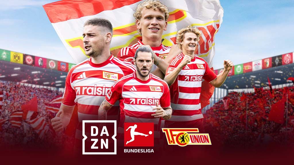 Fußballspieler von Union Berlin in roten Trikots, umgeben von Fans und Flaggen im Stadion, DAZN-Logo und Bundesliga-Symbol im Vordergrund.