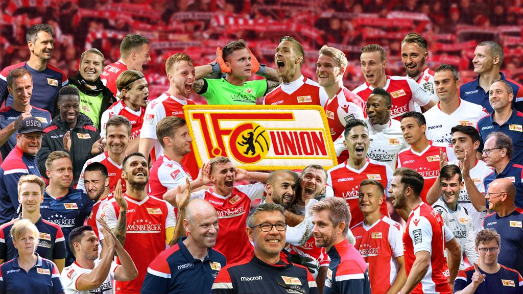 Collage des 1. FC Union Berlin mit Spielern, Trainern und Fans in einem feierlichen Rahmen.