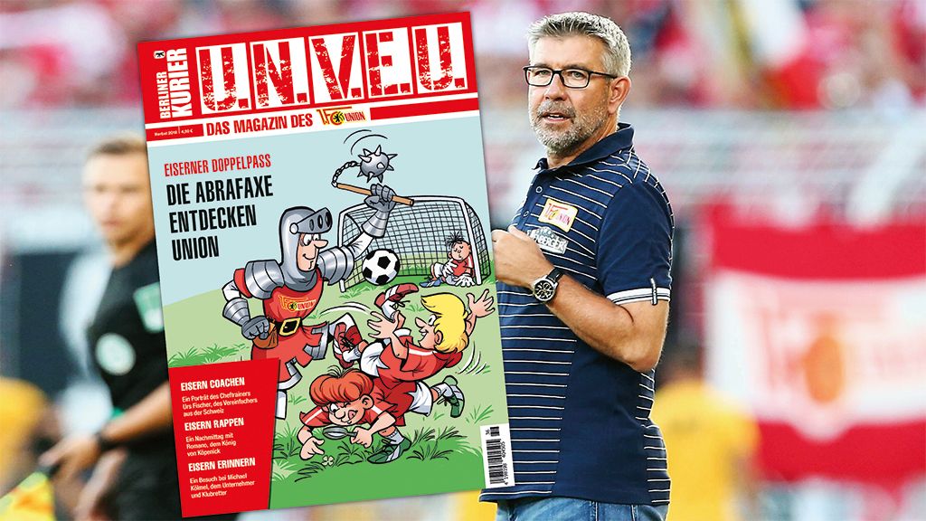 Magazincover mit Cartoon-Illustration von Fußballspielern und Trainer in einem Stadion, im Hintergrund Fans mit roten Trikots.