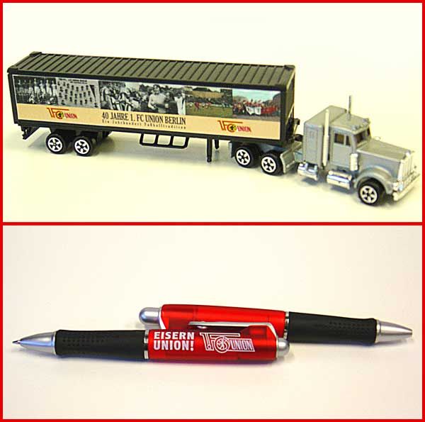 Ein Lastwagenmodell mit F.C. Union Berlin-Motiv und zwei Schreibstifte in Rot und Schwarz mit dem Aufdruck "EISERN UNION".