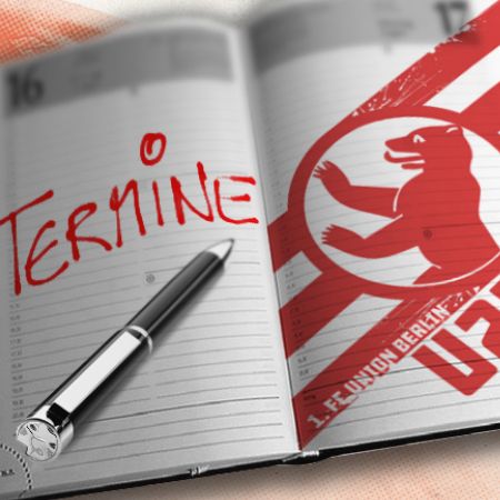 Ein offenes Notizbuch mit dem Wort "Termine" in Rot und einem Stift neben dem Logo eines Berliner Vereins.