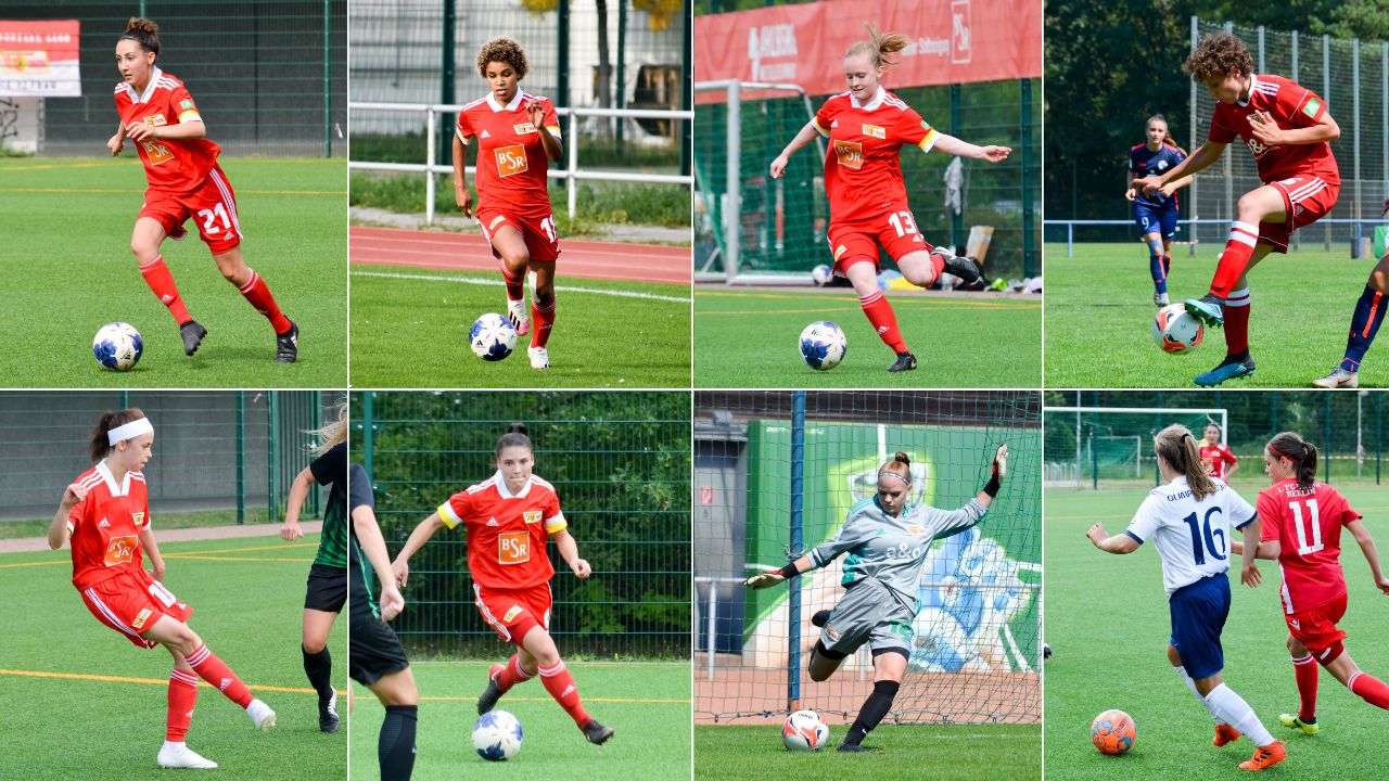 Eine Collage von Frauenfußballspielerinnen in roten Trikots, die auf einem Kunstrasenplatz aktiv verschiedene Spielaktionen durchführen.