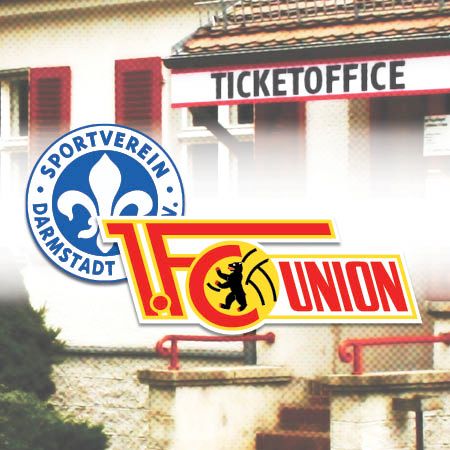 Logo des Sportvereins Darmstadt und des 1. FC Union vor einem Ticketbüro.
