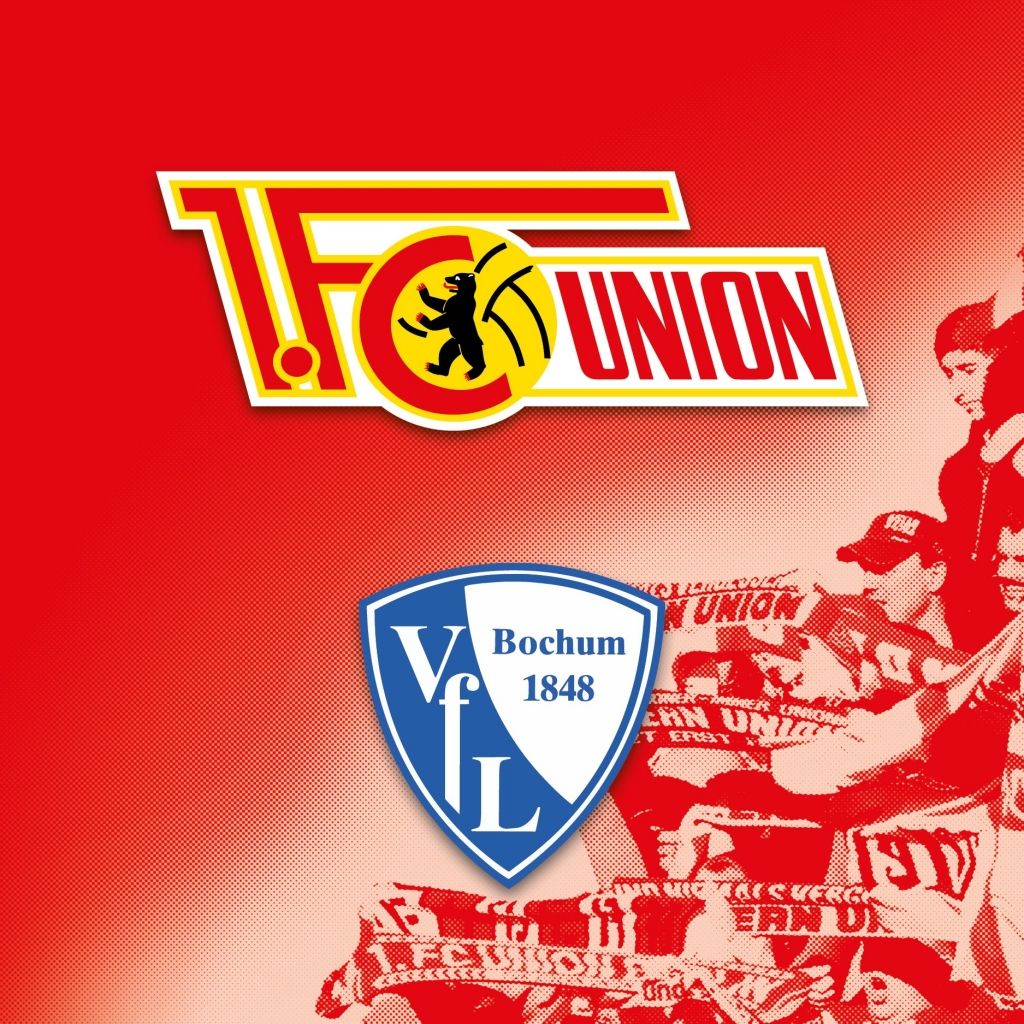 Logo des 1. FC Union Berlin und VfL Bochum auf rotem Hintergrund, umgeben von Fans mit Schals.