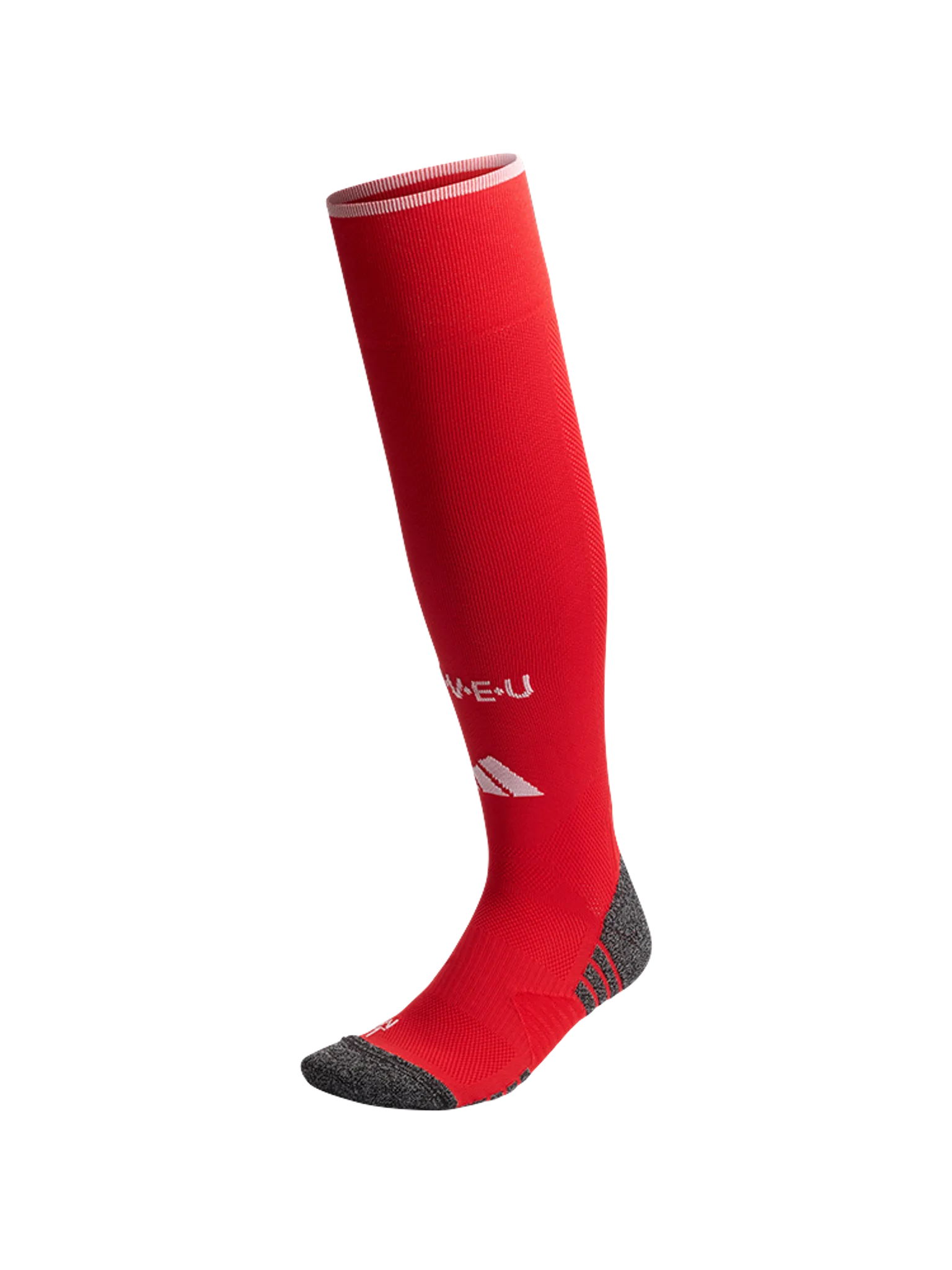 Rote Fußballsocke mit grauem Knöchelbereich und weißem Logo.