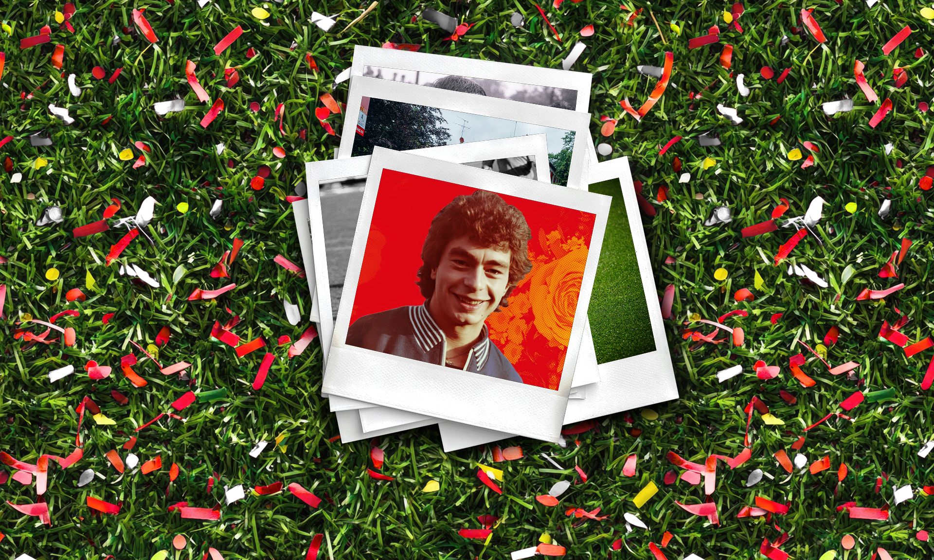 Ein Stapel von Polaroid-Fotos auf grünem Gras, umgeben von bunten Konfetti-Streifen.
