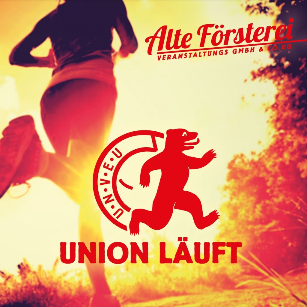 Eine laufende Person vor einem Sonnenuntergang, mit dem Logo der Veranstaltung „Union Läuft“ und dem Schriftzug „Alte Försterei“.