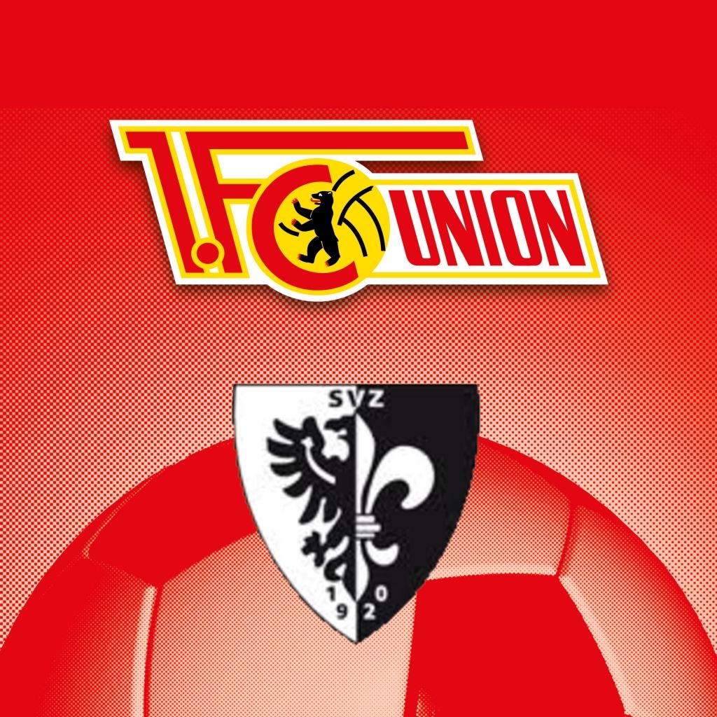 Logo des 1. FC Union Berlin oben und Logo des SV Zwickau unten, auf rotem Hintergrund mit einem Fußball-Muster.