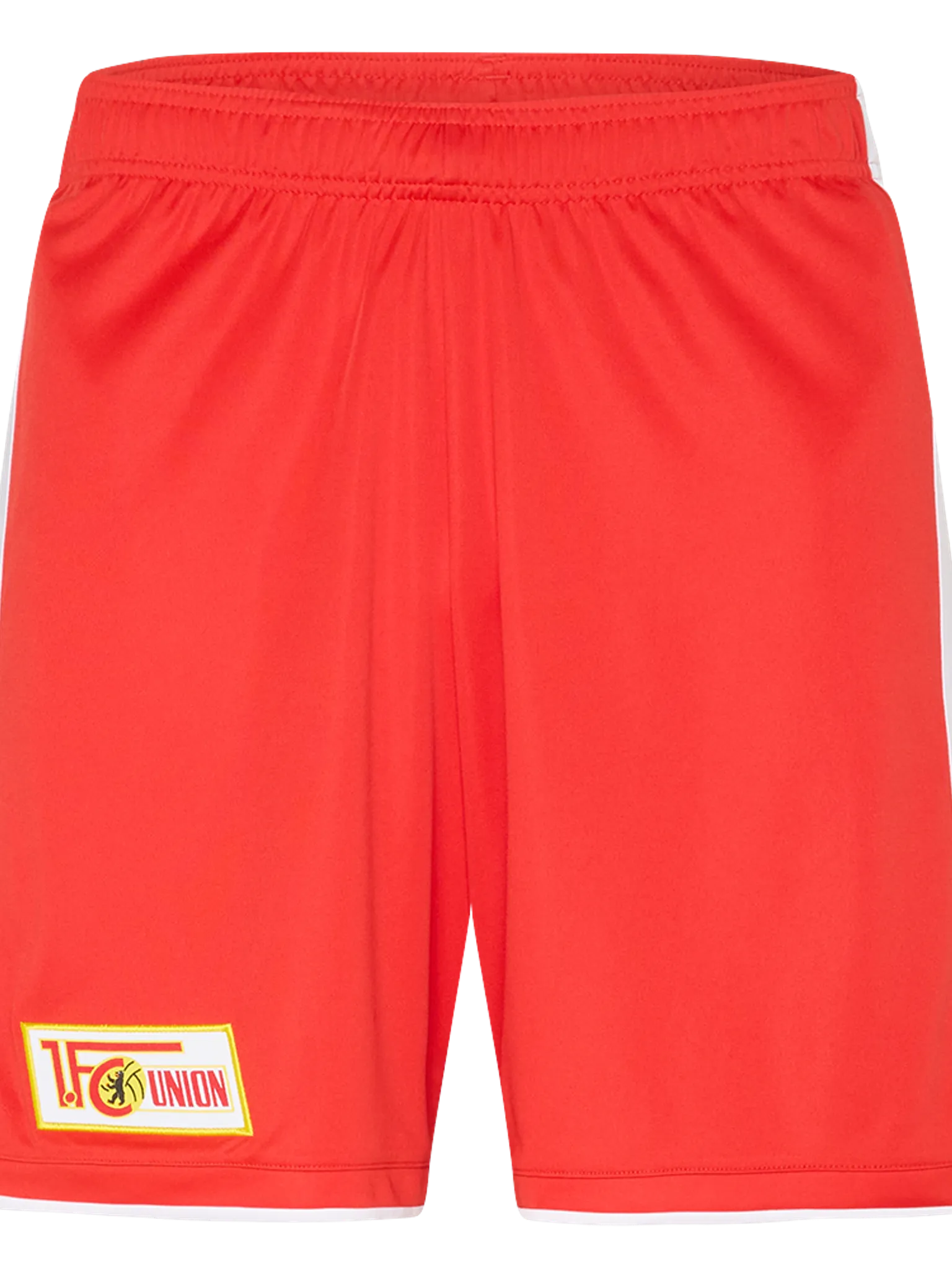 Rote Sportshorts mit gelbem Logo der "1. FC Union" auf der linken Seite.