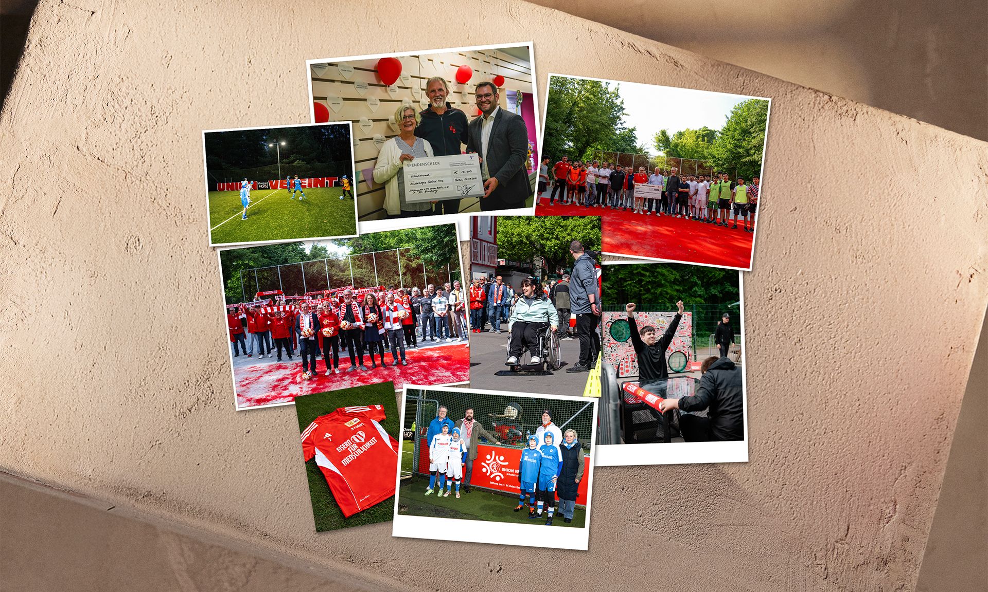 Collage aus mehreren Bildern, die verschiedene Sportevents und Feierlichkeiten mit Menschen in roten Shirts zeigt.