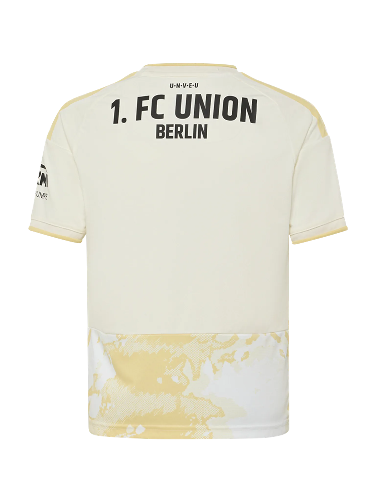 Ein helles Fußballtrikot mit dem Aufdruck "1. FC UNION BERLIN" auf der Rückseite und einem gelb-weißen Design am unteren Ende.