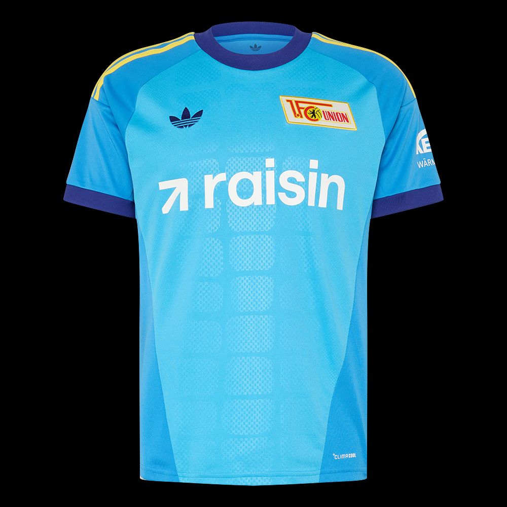 Ein hellblaues Fußballtrikot mit Sponsoren-Logo, gelben und blauen Akzenten sowie dem Aufdruck „1. FC Union“.