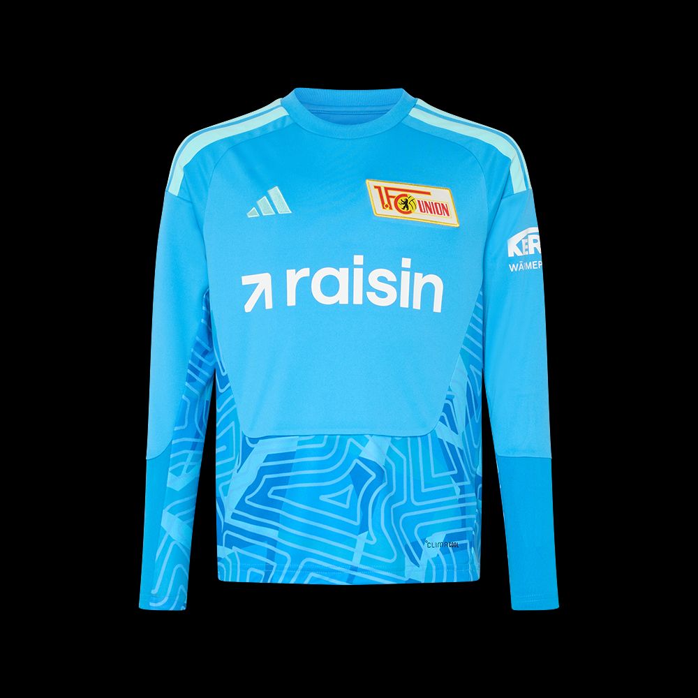 Blauer Sporttrikot mit langen Ärmeln, Adidas-Logo und Grafikmuster, versehen mit Logos von Raisin und einem Vereinsname.