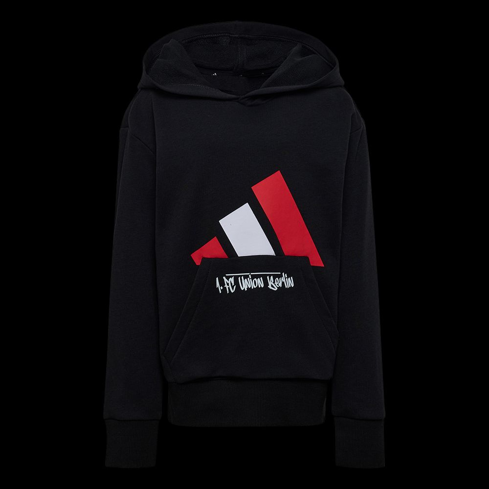 Schwarzer Hoodie mit rotem und weißem Adidas-Logo auf der Vorderseite und Kängurutasche.