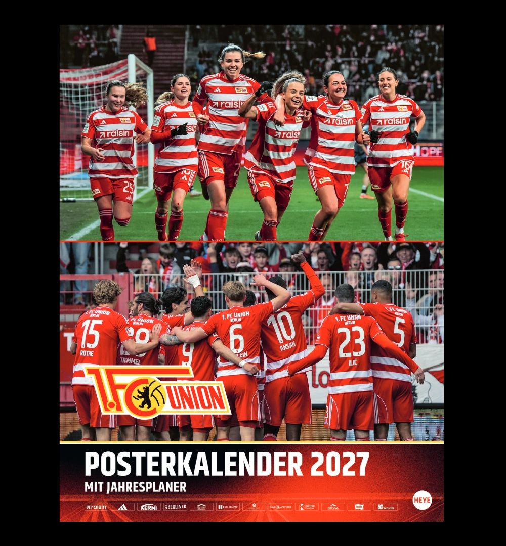 Fußballmannschaft feiert Tor, trägt rote Trikots mit weißen Streifen, umgeben von jubelnden Fans im Stadion. Kalender für 2027.
