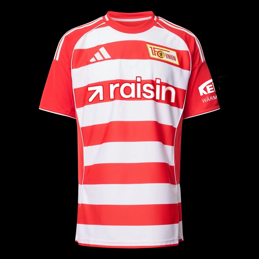 Rot-weiß gestreiftes Fußballtrikot mit dem Logo "1. FC Union" und dem Schriftzug "raisin".