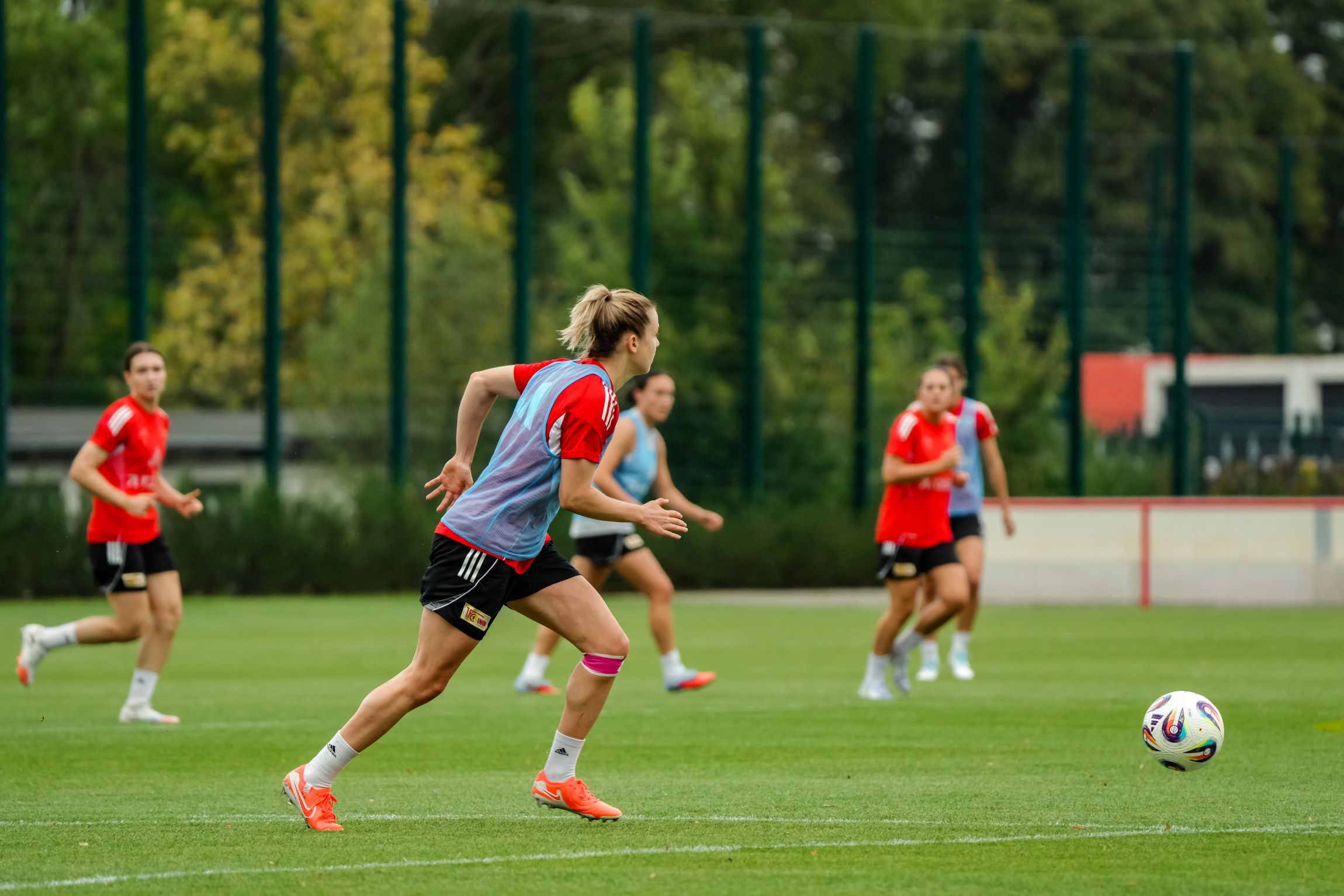 Eine Gruppe von Fußballspielerinnen trainiert auf einem grünen Rasenplatz, fokussiert auf das Spiel und in Bewegung.